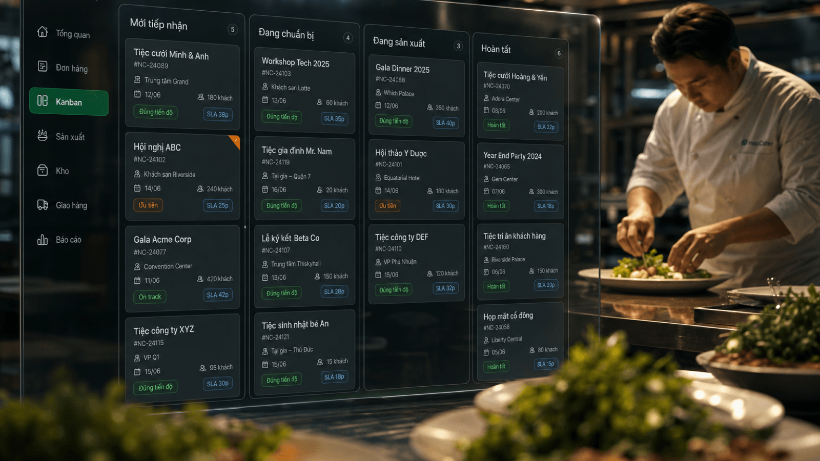 Kanban cinematic — các cột Mới tiếp nhận, Đang chuẩn bị, Đang sản xuất, Hoàn tất trong không gian bếp catering